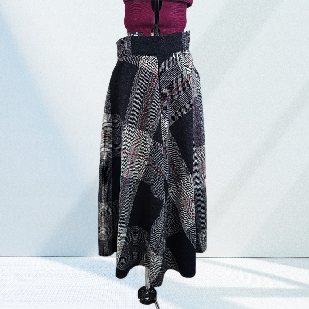 Vintage Wool Blend Plaid Womens Black & Gray Plaid Midi Skirt - Picture 3 of 16